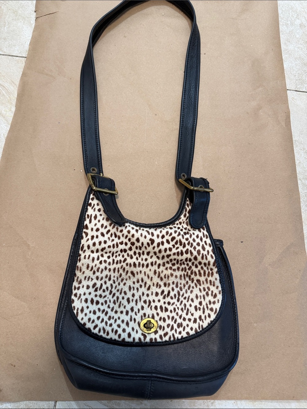 Black Leather Shoulder Bag with Brown-Spotted Front Panel